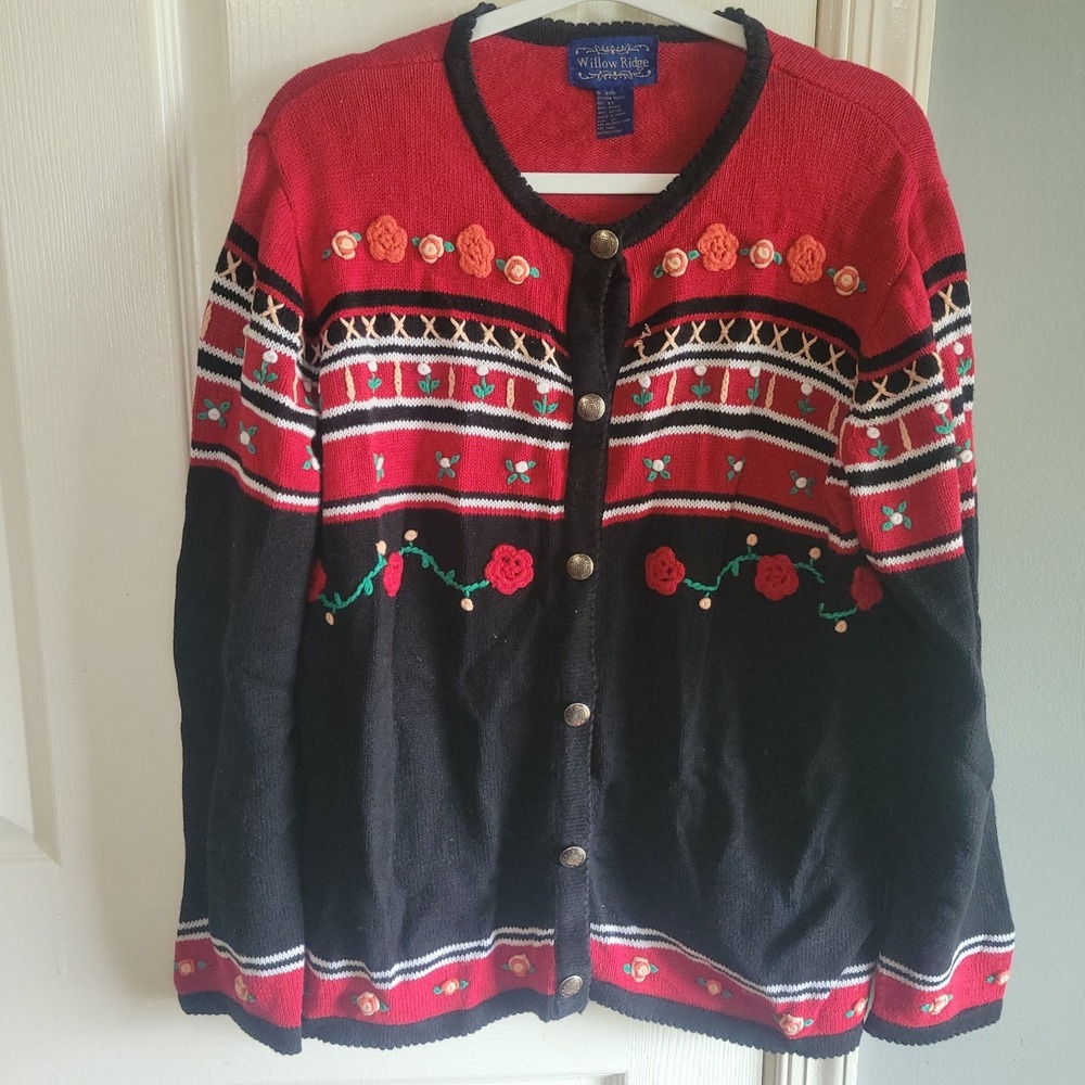 Willow Ridge VTG Black Red Floral Embroidered Festive Teacher Cardigan Petite L